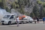 Çekici üzerindeki otomobil alev alev yandı