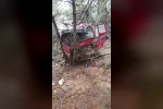 Yoldan çıkan vinç ormanlık alana daldı
