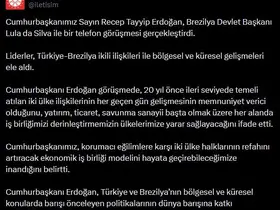 Cumhurbaşkanı Erdoğan, Brezilya Devlet Başkanı Silva ile telefonda görüştü
