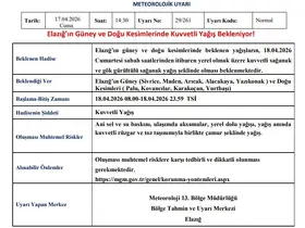 Elazığ için kuvvetli yağış uyarısı
