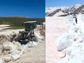Hakkari’de yaz günü 3 metreyi bulan karda yol açma çalışması

