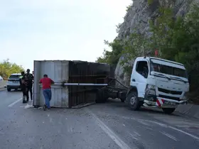 Pelet yüklü kamyon bariyerlere çarptı, kasası devrildi: 1 yaralı

