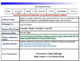 Tunceli için kuvvetli yağış uyarısı
