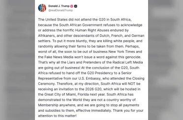 ABD Başkanı Donald Trump: "Güney Afrika Miami’de yapılacak 2026 G20 Zirvesi’ne davet edilmeyecek" 