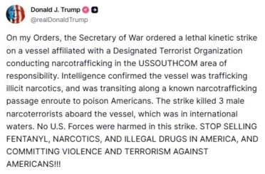 ABD Başkanı Trump: "Uyuşturucu taşıyan bir tekneye saldırı düzenleyerek 3 narko-teröristi öldürdük" 