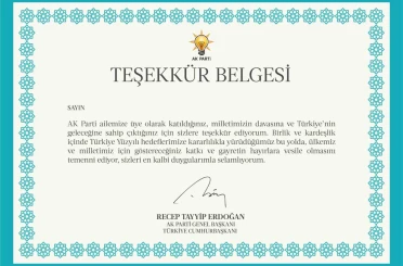 AK Parti’den 11,5 milyon üyesine Cumhurbaşkanı Erdoğan imzalı teşekkür belgesi 
