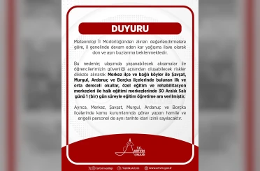 Artvin merkez ve 4 ilçede kar nedeniyle eğitime 1 gün ara verildi 