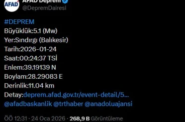 Balıkesir’de 5.1 büyüklüğünde deprem 