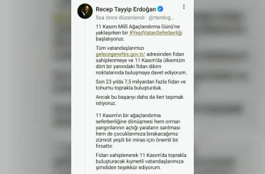 Cumhurbaşkanı Erdoğan’dan 11 Kasım Milli Ağaçlandırma Günü mesajı 