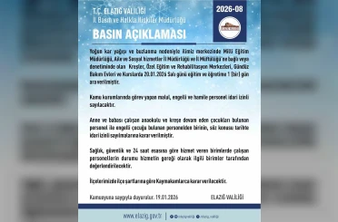 Elazığ’da rehabilitasyon ve bakımevi kurslarına 1 gün daha kar tatili 