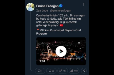 Emine Erdoğan: "Cumhuriyetimizin 102. yılı, bir asrı aşan bu kutlu yürüyüş, aziz Türk milletinin azmi ve fedakarlığı ile güçlenerek geleceğe taşınıyor" 