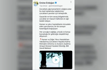 Emine Erdoğan’dan Özbekistan’ın BM’de düzenlediği kanserli çocuklarla ilgili etkinliğe ilişkin video paylaşımı 