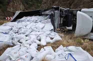 Gümüşhane’de balık yemi yüklü tır devrildi: Sürücü yaralandı 