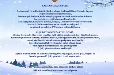 Kırklareli merkez, Kofçaz, Demirköy ve Vize’de eğitime 1 gün ara verildi 