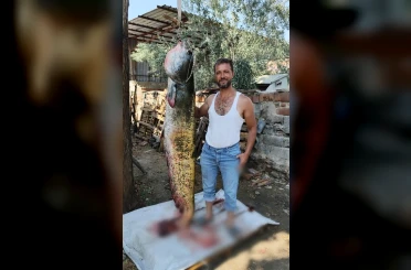 Manisa’da oltayla 2 metrelik yayın balığı yakaladı 