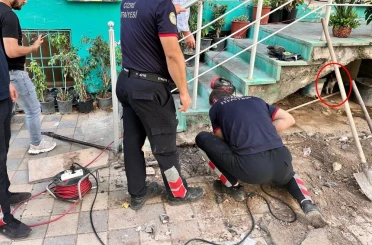 Merdiven boşluğuna sıkışan yavru kediyi itfaiye ekipleri kurtardı 