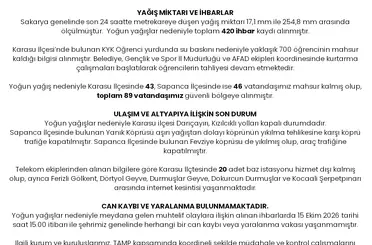 Sakarya Valiliği, kuvvetli yağışın ilk bilançosunu açıkladı
