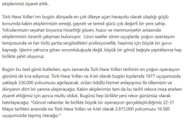 THY Yönetim Kurulu Başkanı Murat Şeker, Dünya Kabin Memurları Günü’nü kutladı 