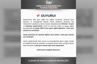 Tunceli’nin 3 ilçesinde eğitime bir gün ara 
