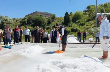 Vali Aygöl, tescilli Pülümür tuzunun üretimine kürek sallayarak eşlik etti 