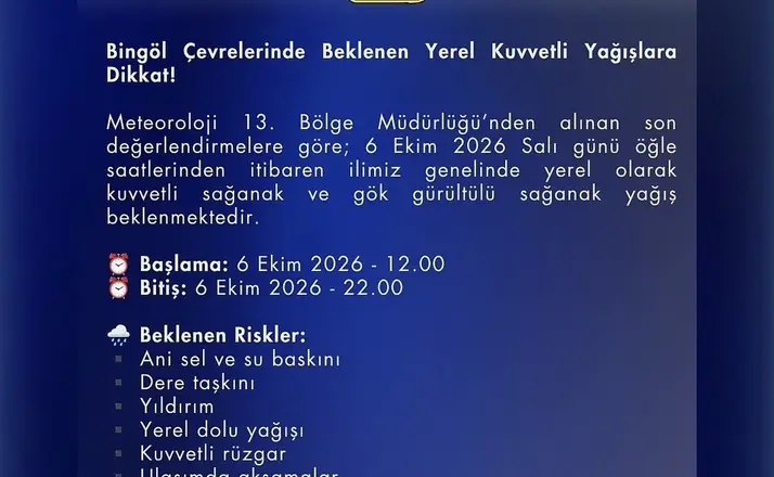 Bingöl için kuvvetli yağış uyarısı
