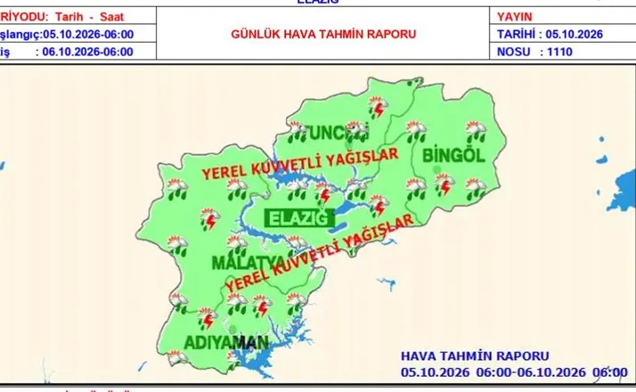Elazığ için kuvvetli yağış uyarısı
