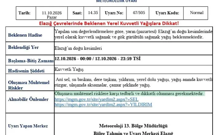 Elazığ için kuvvetli yağış uyarısı
