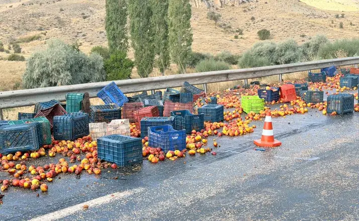 Tırın dorsesi yan yatınca şeftaliler yola saçıldı
