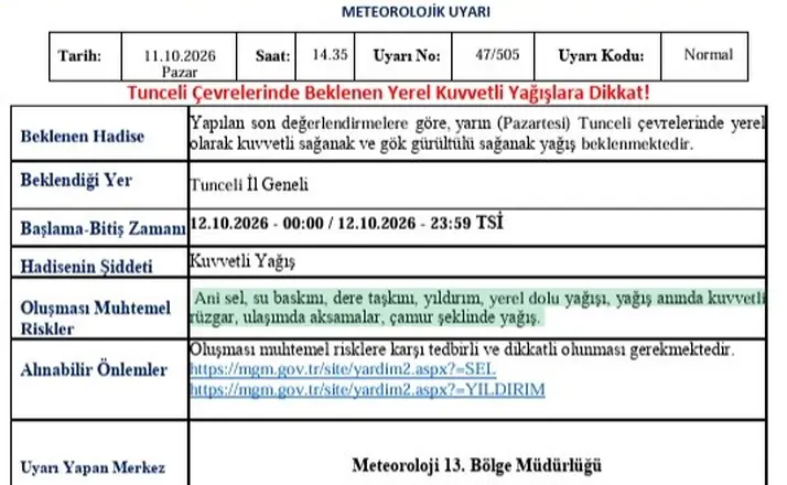 Tunceli için kuvvetli yağış uyarısı
