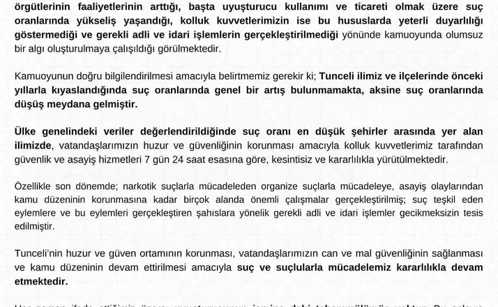 Tunceli Valiliği: "Suç oranlarında genel bir artış yok, aksine düşüş var"
