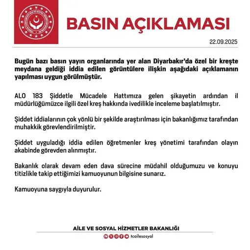Aile ve Sosyal Hizmetler Bakanlığı’ndan Diyarbakır’daki özel kreş hakkında inceleme
