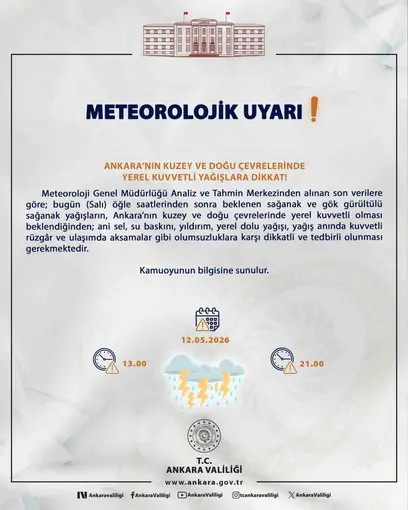 Ankara Valiliğinden kuvvetli yağış uyarısı
