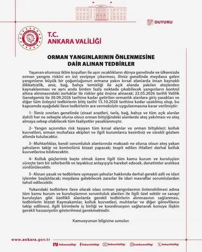 Ankara’da orman yangınlarının önlenmesine yönelik tedbirler 15 Ekim tarihine kadar uzatıldı
