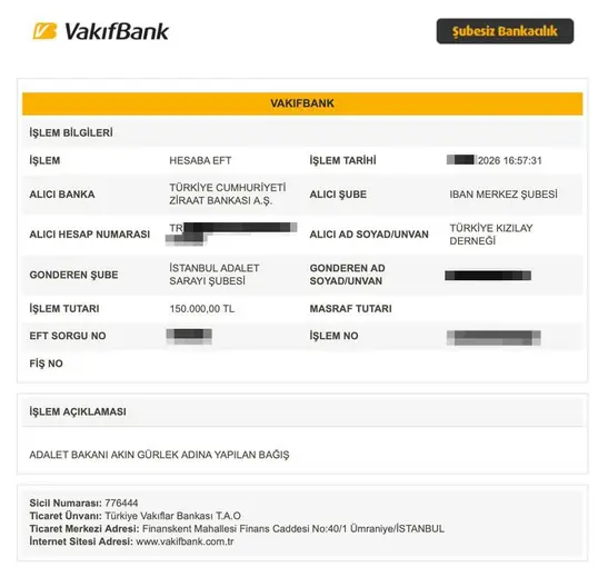 Bakan Gürlek, Kızılay’a 150 bin lira bağışladı
