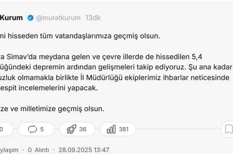 Bakan Kurum: "Depremi hisseden tüm vatandaşlarımıza geçmiş olsun"

