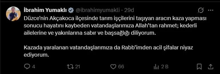Bakan Yumaklı Düzce’deki kaza sonrası başsağlığı mesajı yayınladı
