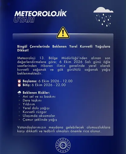 Bingöl için kuvvetli yağış uyarısı
