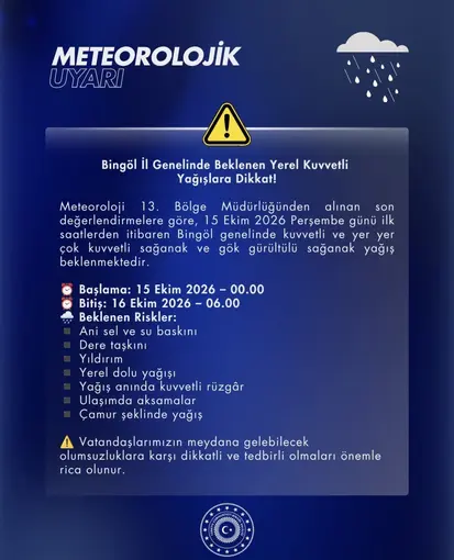 Bingöl için kuvvetli yağış uyarısı
