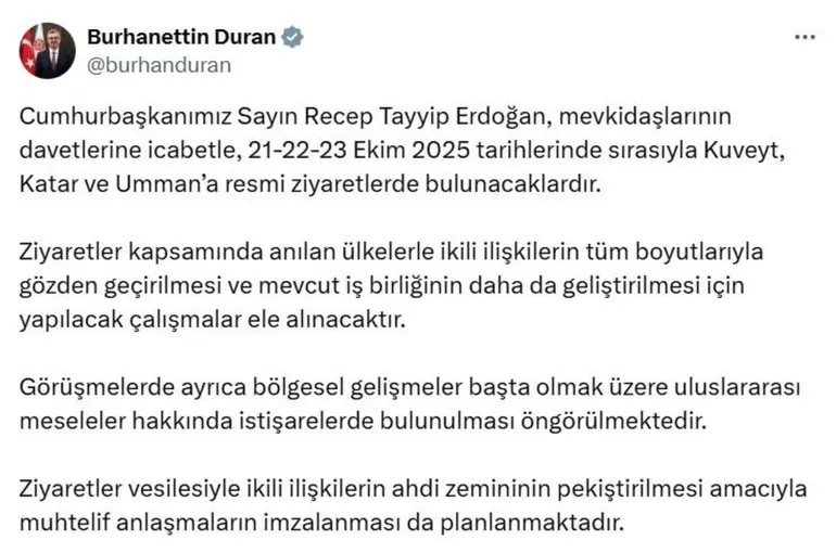 Cumhurbaşkanı Erdoğan, Kuveyt, Katar ve Umman'ı ziyaret edecek