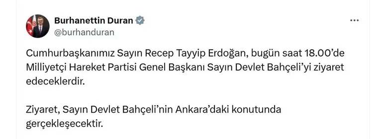 Cumhurbaşkanı Erdoğan, MHP Lideri Bahçeli’yi ziyaret edecek
