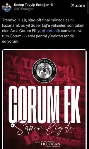 Cumhurbaşkanı Erdoğan, Süper Lig’e yükselen Çorum FK’yı tebrik etti
