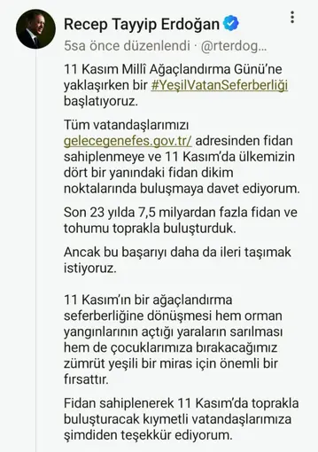 Cumhurbaşkanı Erdoğan’dan 11 Kasım Milli Ağaçlandırma Günü mesajı
