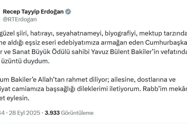Cumhurbaşkanı Erdoğan’dan Bakiler için başsağlığı mesajı
