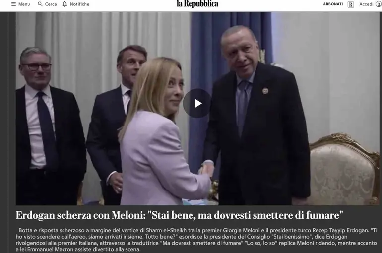 Cumhurbaşkanı Erdoğan’ın İtalya Başbakanı Meloni’ye sigara uyarısı İtalya basınında
