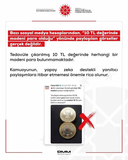 DMM: "10 TL değerinde madeni para olduğu yönünde paylaşılan görseller gerçek değildir"
