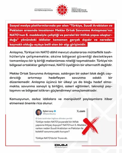 DMM: "Mekke Ortak Savunma Anlaşması’nın NATO’nun 5. maddesiyle çeliştiği iddiaları tamamen gerçek dışı"
