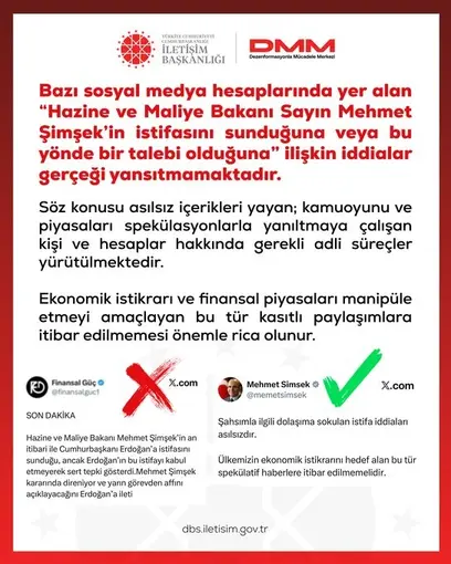 DMM’den Bakan Şimşek’in istifasını sunduğu yönündeki iddialara yalanlama
