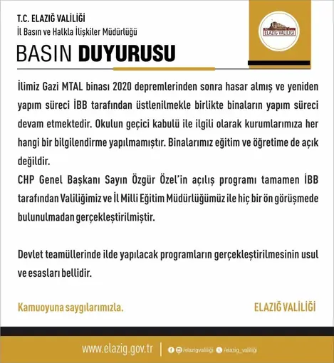 Elazığ Valiliği’nden Özgür Özel’in açılışını yaptığı okulla ilgili açıklama

