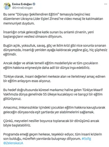 Emine Erdoğan, 5. Lider Eşleri Zirvesi’ne video mesaj gönderdi
