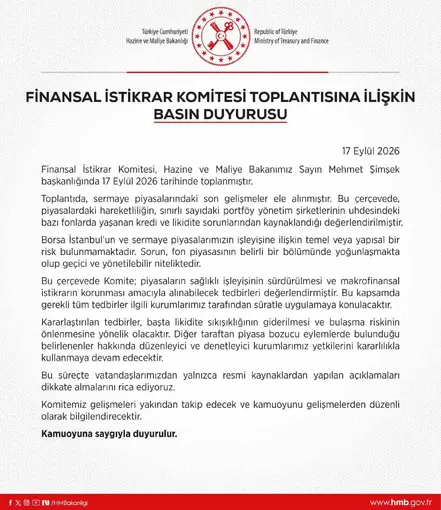 Finansal İstikrar Komitesi: "Borsa İstanbul’un ve sermaye piyasalarımızın işleyişine ilişkin yapısal bir risk bulunmamaktadır"
